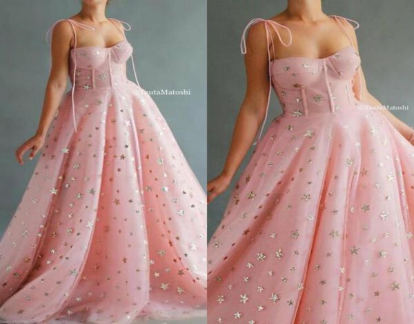 2020 Pink Prom Kleider Spaghetti Lace Bling Star Bodenlänge Billig Abendkleid Eine Linie maßgeschneiderte Kleider für Anlässe 4440578