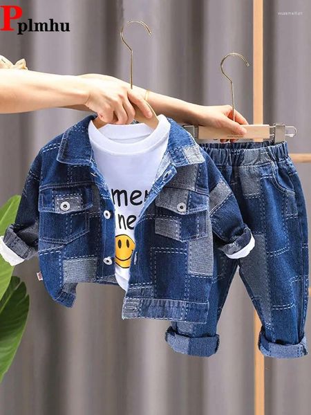 Одежда наборы винтажные сплайсированные мальчики джинсовые джинсы Consuntos Fashion Loose Jean Jackets Outfit Детский гарем вакерос уличная одежда детей 2 штука