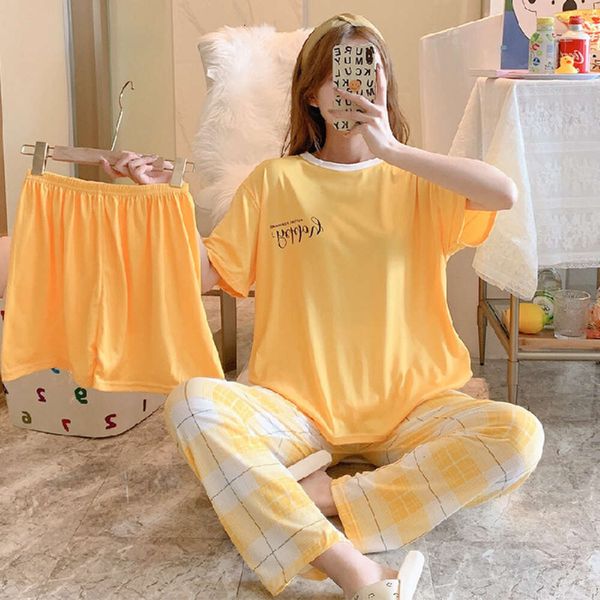 Tasarımcı Uyku Giyim Kadınlar Yaz Kısa Kollu Şort Uzun Pantolon Üç Parça Seti, Koreli Versiyon Öğrenci Gevşek ve Sevimli Karikatür Ev Giyim