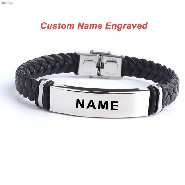 Outras pulseiras punk sos nomes personalizados grave texto pulseira de couro personaliza pulseiras de aço inoxidável para homens homens braceletel240415