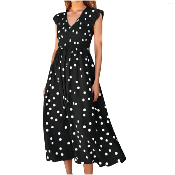 Lässige Kleider Frauen Polka Dot Print Sommerkleid gegen Hals Big Swing Eine Linie Krawatte Taillenhülle Fließend Smocked Plus Size Long