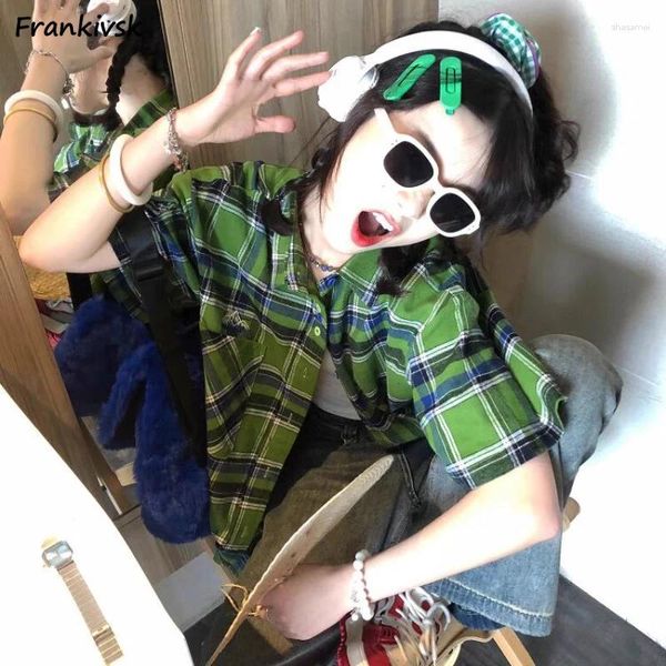 Frauenblusen Hemden Frauen Tops Vintage Plaid Kurzarm Mode Harajuku Baggy Streetwear bequemer Sommer amerikanischer Preppy Style