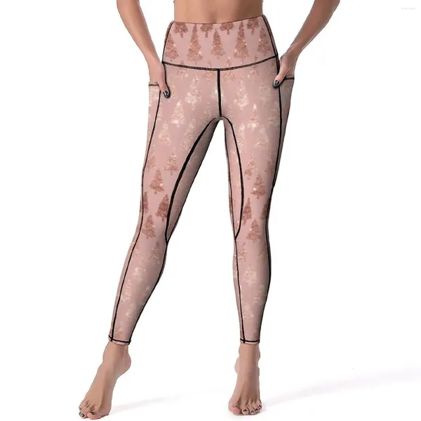 Calças ativas elegantes leggings metálicos de ouro rosa glitter rosa mauve natal árvores ioga na cintura alta fitness legging elástico esporte