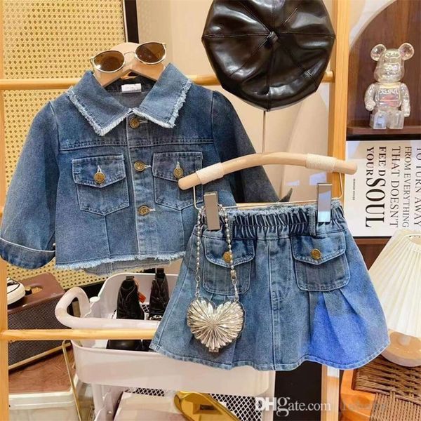 Neue Baby -Mädchen -Kleidung Denim Rock Set Kinderkleidung Sets 2024 Spring Kids Tracksuit zweiteiliger Kleid Langarmjacke und Miniröcke Outfits