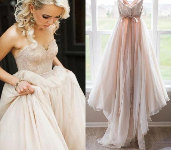 2019 Errötung rosa Spitze billige Brautkleider Schatz hinterloser Bogenscheibe Boho Hochzeitskleider Robe de Mariage Brautkleider4111408