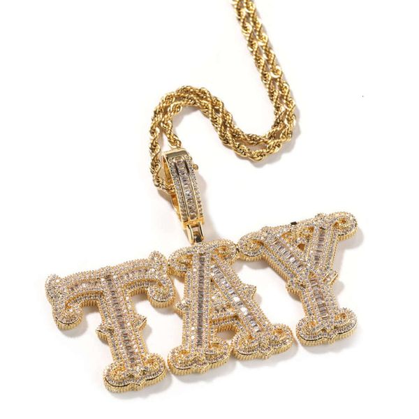 Foxi Gold Plated Hip Hop Iced Out CZ Diamond Baguette Nome personalizado Colar pendente