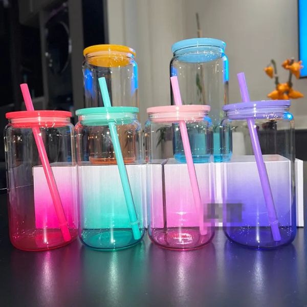 16 oz Sublimasyon Cam Tumbler Renkli Plastik Kapak Pipetleri Gradyan Renkleri Cam Bardaklar Mason Kavanoz Libby Can Soğutucu Kola Bira Gıda Kutuları 0415