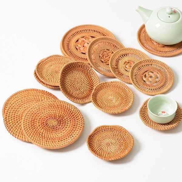 Tee Tabletts handgefertigt natürliche Rattan Untersetzer Basisplatten für kreative Geschenkküchtischgetränke Handwerk rund hitzebeständig