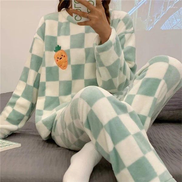 Ev Giyim Sonbahar Kış Kawaii Karikatür Pijama Setleri Kadınlar Pijamalar Ekose pazen şezlong pijama kızı gece takım elbise ev kıyafeti