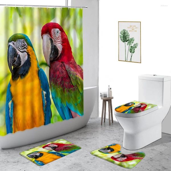 Cortinas de chuveiro colorido papagaio de poliéster de poliéster de poliesto 3d banheiro imprimor de 4 peças anti-peças de tampa do banheiro de carpete