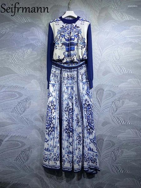 İş elbiseleri seifrmann yüksek kaliteli sonbahar kadın moda pist etekler mavi ve beyaz porselen baskı örgü üstleri A-line takım elbise