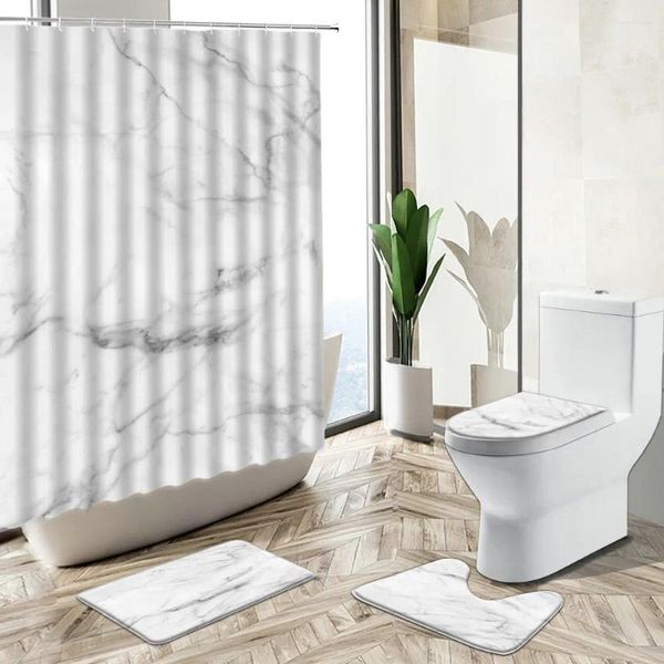 Duschvorhänge moderner Marmorvorhang 3D Geometrisch drucken europäischer Stil Wohnkultur Bad Matte Toilette Deckel Flanell Badezimmer Teppich Set