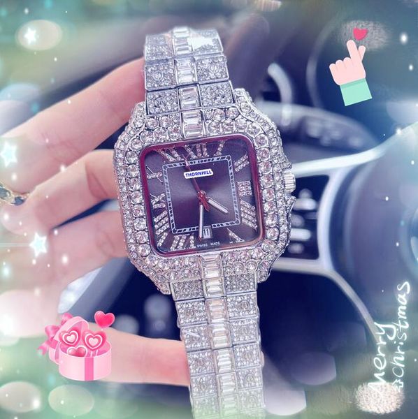 Amantes de luxo Big quartzo observa homens diamantes estrelados brilhantes anel de moldura de aço inoxidável Presidente da moda Fashion Bracelet Square Roman Tank Dial Watch Gifts