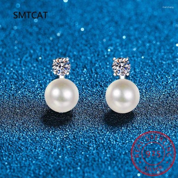 Brincos de garanhão 9mm Pearl D cor 0,2/0,6ct Brinco de moissanita S925 Jóias de casamento de ouro branco prateado de prata esterlina para mulheres