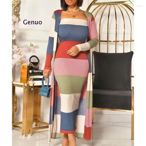 Lässige Kleider 2 -teilige Set Print Party Langes Maxi -Kleid Afrikaner für Frauen Dashiki Streifen Robe Ladies Kleidung Kleidung