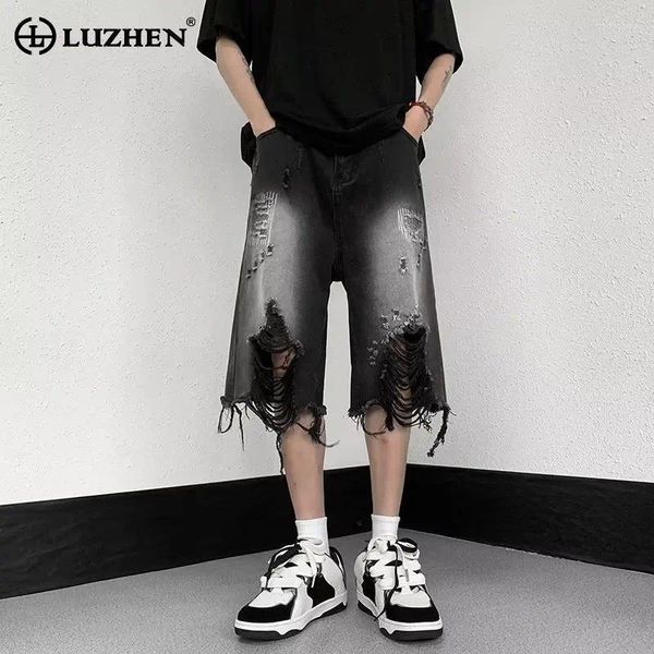 Shorts maschile Luzhen Lavato buco rotto Design di giunzione High Street Denim Pantaloni a cinque punti Trendy Short Short Jeans LZ2866