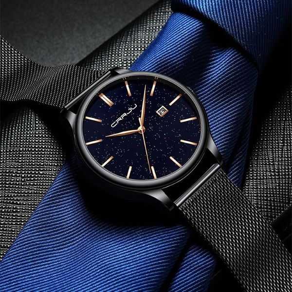 Новый роскошный бренд Crrju Men Watch Mens Gold Pointer Watch Watches Случайные платья Кварцевые наручные часы Relogio Masculino234u