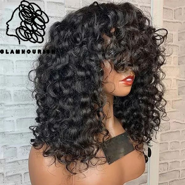 Cabelos humanos de corte curto com franja 180% densidade Jerry Curly Guleless Destaque Water Water Wave Natural Black 240408