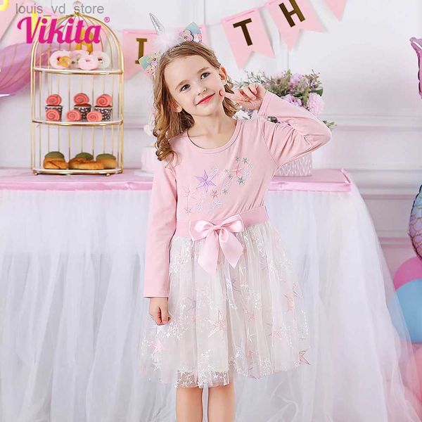 Vestidos de menina Vikita Kids Manga longa Autumn Spring Dress Star Borderyer com um nó do arco Kids Mesh Tulle Pink Patchwork Dresses Princess Dresses T240415