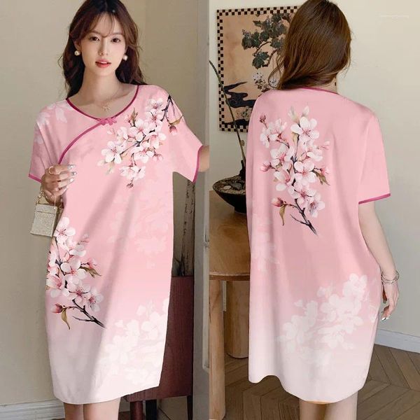 Frauen Nachtwäsche Frauen bedruckte Eisseide Nachthemd O-Neck-Nachthemd Sommer Silky Satin Dessous Kleid Home Dress Loungewear