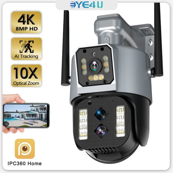 Sistema 4K 8MP Câmera de segurança Wi -Fi 10x Zoom digital três lentes CCTV Dual Secreation CAM Rastreamento automático Audio Twoway