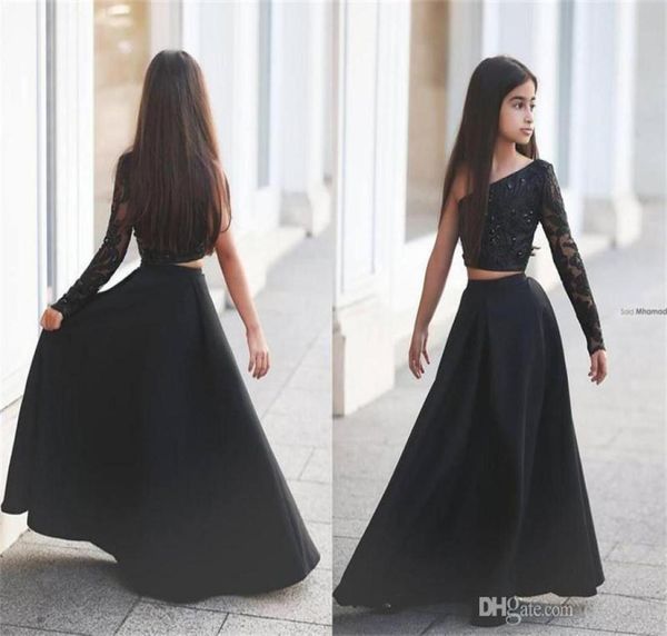 Duas peças vestidos de concurso para adolescentes um ombro de mangas compridas comprimento do piso disse Mhamad Flower Girl Dresses Cara barato Crianças para 2586878