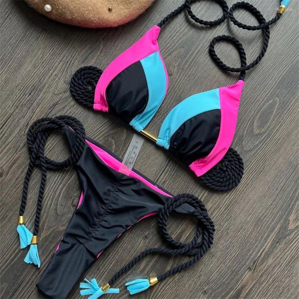 Kadın Mayo Colorblock Patchwork Bikini Bikini Tassel Strappy Split Swearsuit Üçgen Seksi Yular Kadınlar Y2K Trend Beach Matay Takım