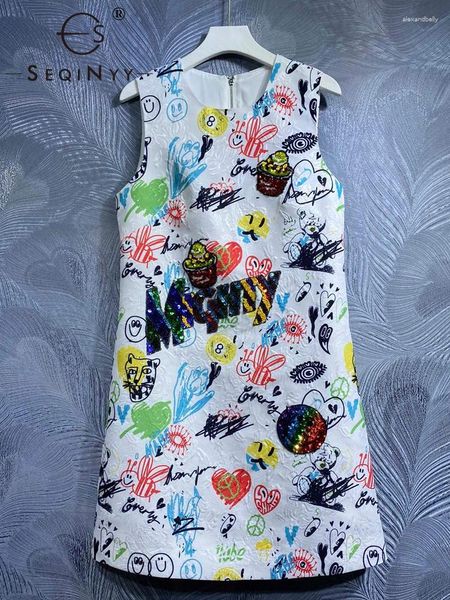 Abiti casual Seqinyy White Mini vestito per donne Summer Spring Fashion Design Runway Stampa di graffiti con paillettes vintage