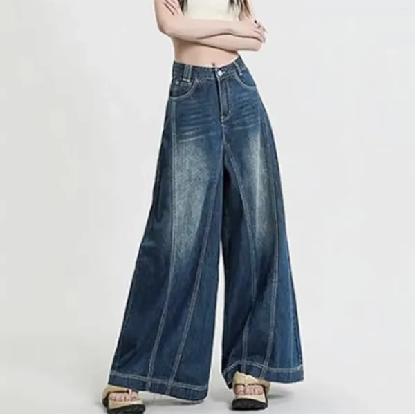 Jeans femininos Bagggy Wide pernas de calça longa botão de bolso de cintura alta Tubo reto Senhoras confortáveis Slacks ROPA MUJER