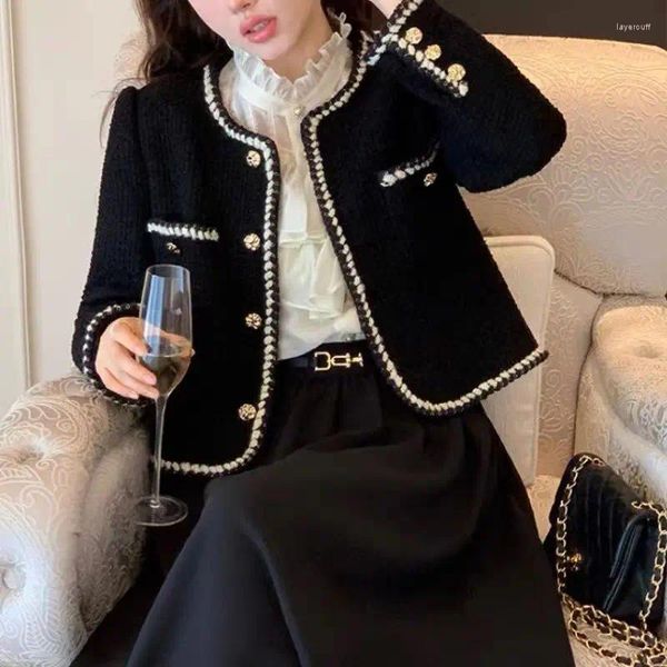 Frauenjacken Vintage Cropped Tweed Jacket Women Schwarz Blazer Korean Chic Chic Single Breasted Long Sleeve Plaid Coat Feder Herbstanzug