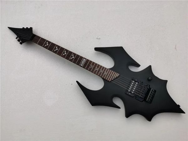 Guitar Factory Custom Incomum Shape Bat Body Ecret Guitar com braço de pau -rosa, incrustações de morcego, hardware preto, oferecem personalizados