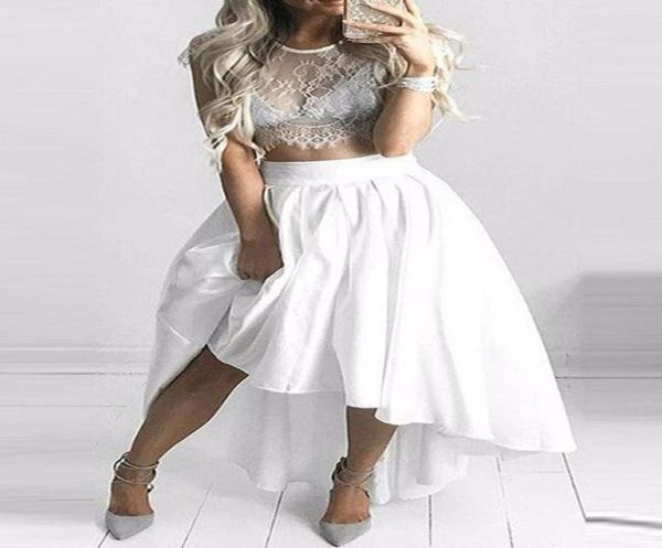 2023 Aline Asymmetrical White Lace Long Low Low Prome Prome Prome Scoop Neck Taffeta Два пляжного летнего вечера вечера 1684487