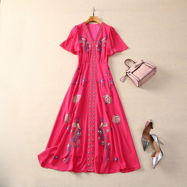 Vestido de bordado de pavão sólido rosa de primavera vestido de manga curta lantejoulas midi vestidos casuais s3d121214