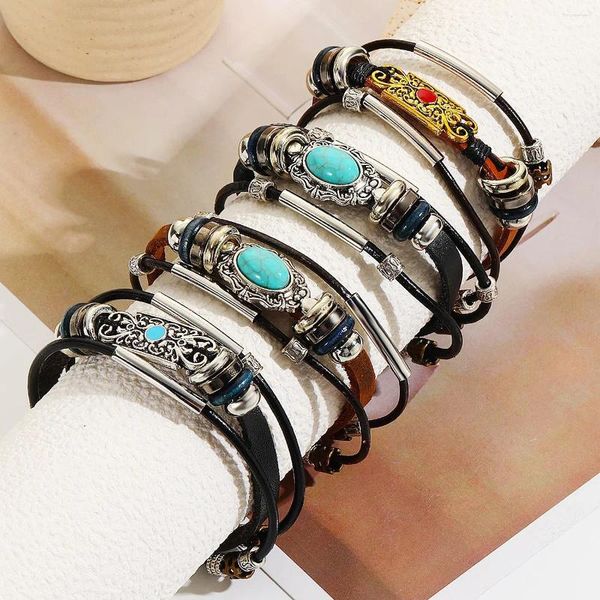 Charm Bracelets Vintage Lederarmband für Männer gewebtes türkisfarbener Oramentpunkstil Herren Combo DIY Multi-Layer-Armbandjewelry