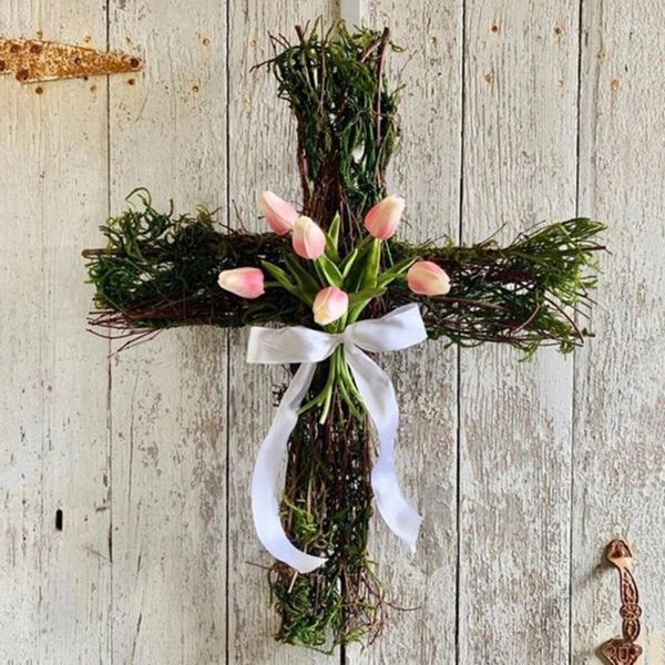 Flores decorativas QWE123 Cruz de Easter Wreath Rattan Hanging Frame Garlands Porta da frente Simulação com Tulip Flower Party Decor