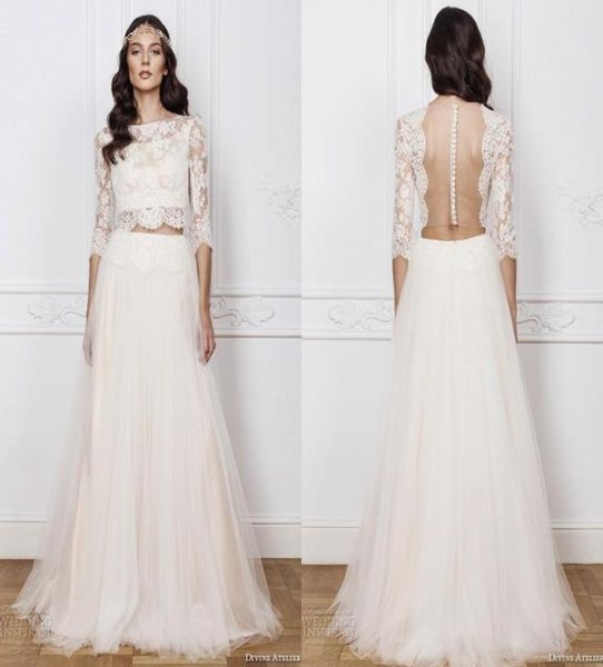 BATEAU NECK 34 Abiti da sposa boho a manica lunga due pezzi Top a pizzo Crop Top Abiti da sposa Scepli