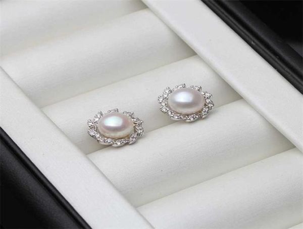 Trendy 925 Sterling Silber Blatt kleiner Bolzen Ohrring weiß schwarz natürlicher Süßwasserperlenohrringe für Frauen Mädchen Fein Schmuck 220219223996