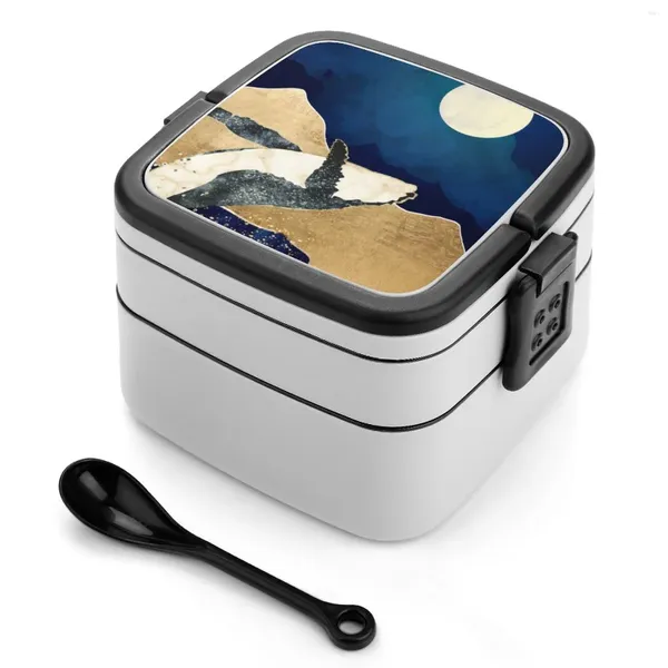 Обеденный посуда Live Free Double Layer Bento Box Portable Lunch for Kids School Whale Ocean Sea Marmal Mammal Waves Water Blue Gold Marine
