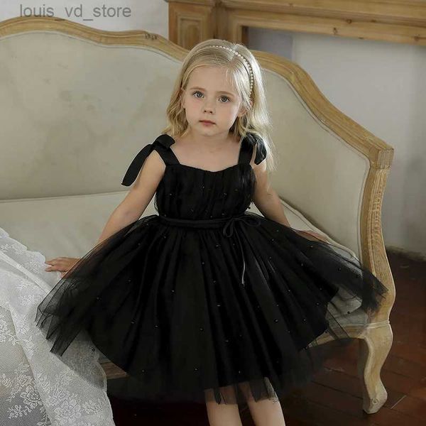 Kız elbiseler kız bebek parti tutu elbisesi yürümeye başlayan çocuklar siyah kolsuz prenses elbise akşam partisi için yeni doğmuş doğum günü boncuklu kabarık kıyafetler T240415