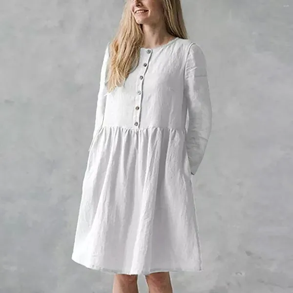 Günlük elbiseler kadın moda düz renk yuvarlak boyun cep düğmesi uzun kollu pamuk keten elbise bayanlar yaz beyaz