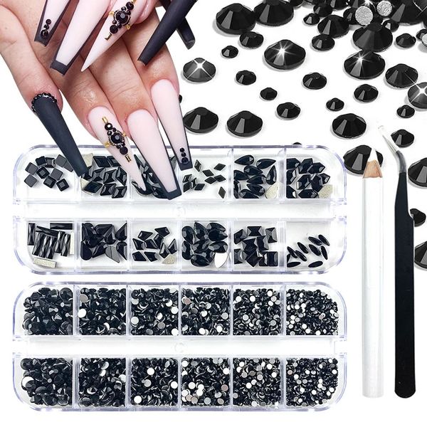 2 Caixas 12 grades Black Clear Nail Art Decoração de shinestones Configurar gemas de gemas Flatback Charms para profissionais 240415