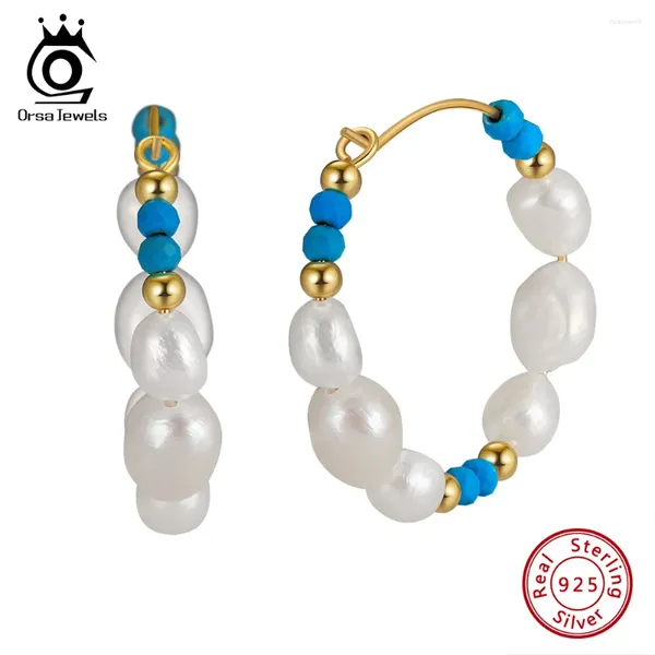 Dangle Küpeler Orsa Jewels Boho 925 STERLING Gümüş Geometrik C Şekli Turkuaz Damla Küpe Kadınlar İçin Doğal İnci Kaskası Kızlar MPE02