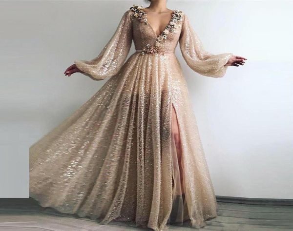 Lange Abschlussballkleider volle Ärmel Bling Chic Pailletten Abendkleider Applique Perlen Gold Bodenlänge Robe de Soiree3139882