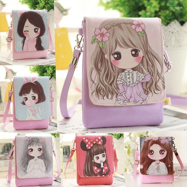 Bolsas de ombro Moda Menina PU Messenger Messenger Children Filhos de impressão de moedas de impressão de cartoon Celular Geral para adultos e