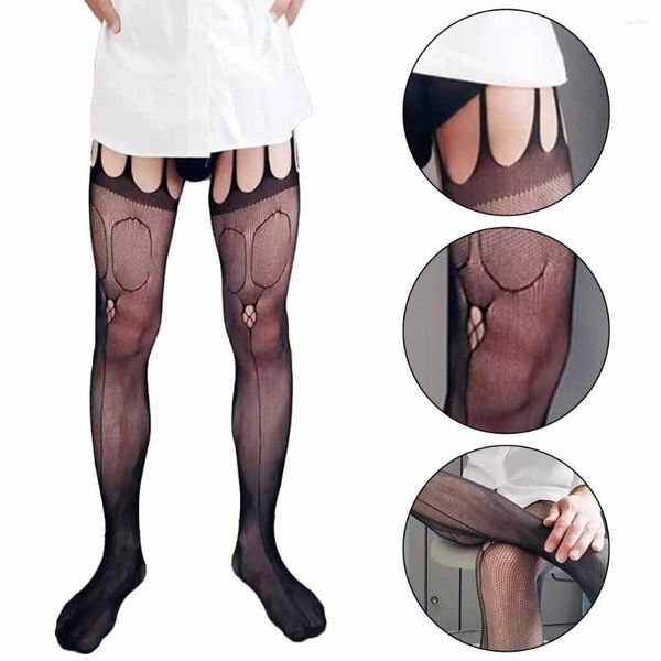 Calzini maschili ultra sottili a maglie a maglie collatanette di collant a rete calze per il corpo biancheria intima elastica uomo sexy sissy sospeso