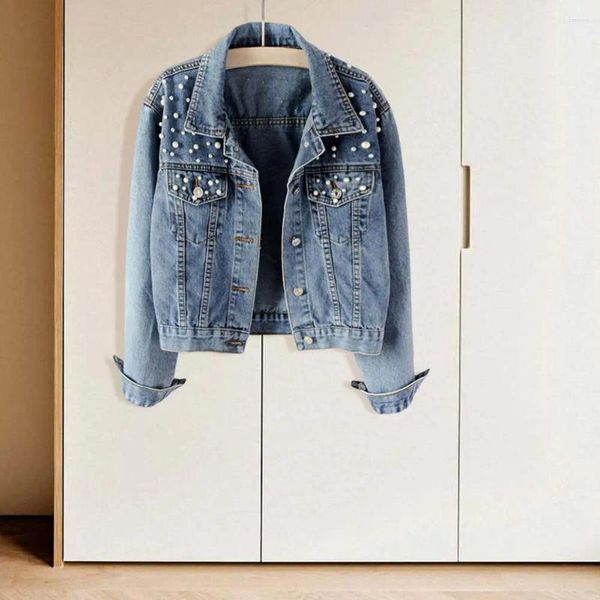 Damenjacken trendy atmungsaktive Langhälfte Strickjacke Nachahmung Perle Herbst Mantelfarbe Denim Jacke Weibliche Kleidungsstücke