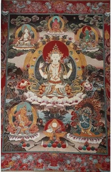 Hapentasyonlar İpek Nakış Tibet Thangka Budizm 4 Silah Guanyin Kwan-yin Dragon Tanka Yoga Budist Goblen Duvar Asma