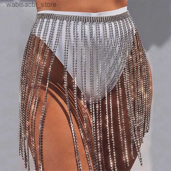 Saia sexy Glitter Rhinestone Tassel Long Tassel Saias de Crystal Diamonds Fringe Ajuste Y Women Women Summer Beach Bikini Mini Skirt L49