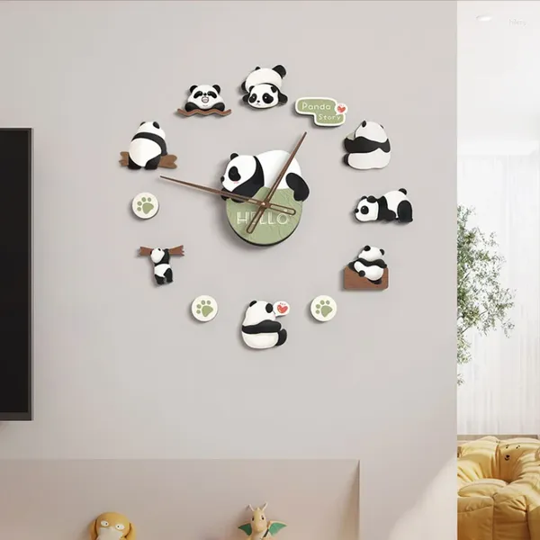 Wanduhren bohrfreie Uhr einfache Heimstille Mechanismus Panda Kreativer Aufkleber Massive Holzzeiger Dekoration für