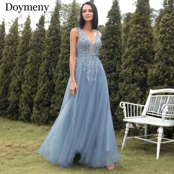 Partykleider Doymeny Prom Sommer 2024 Einfache A-Linie V-Ausschnitt ärmellose Applikationen Tüll drapierte elegante vestidos de fiesta